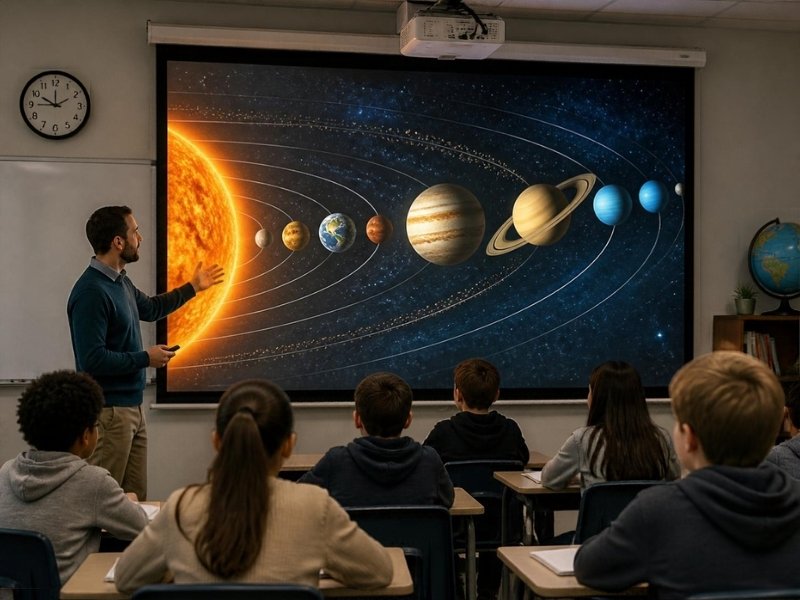 Aula con un proyector láser en el techo proyectando una clase de ciencias